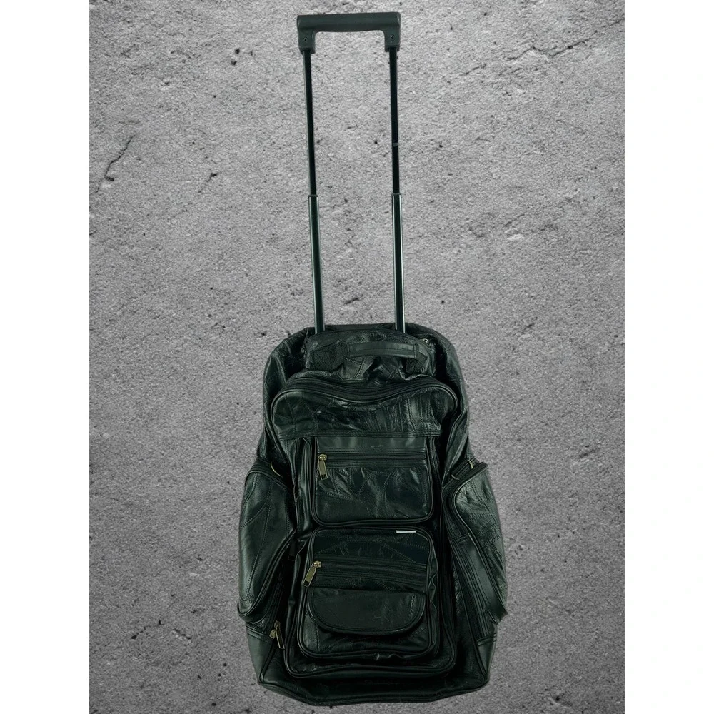 Vintage 90s Genuine Leather Patchwork Rolling Backpack Black Wheeled Travel Bag
